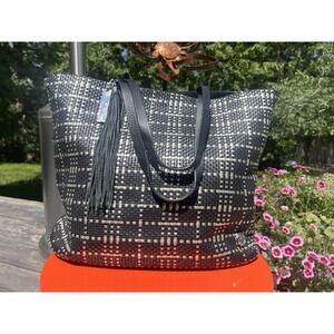 Vince Camuto Tote Bag Black Silver Woven Faux Leather Large Clean Career